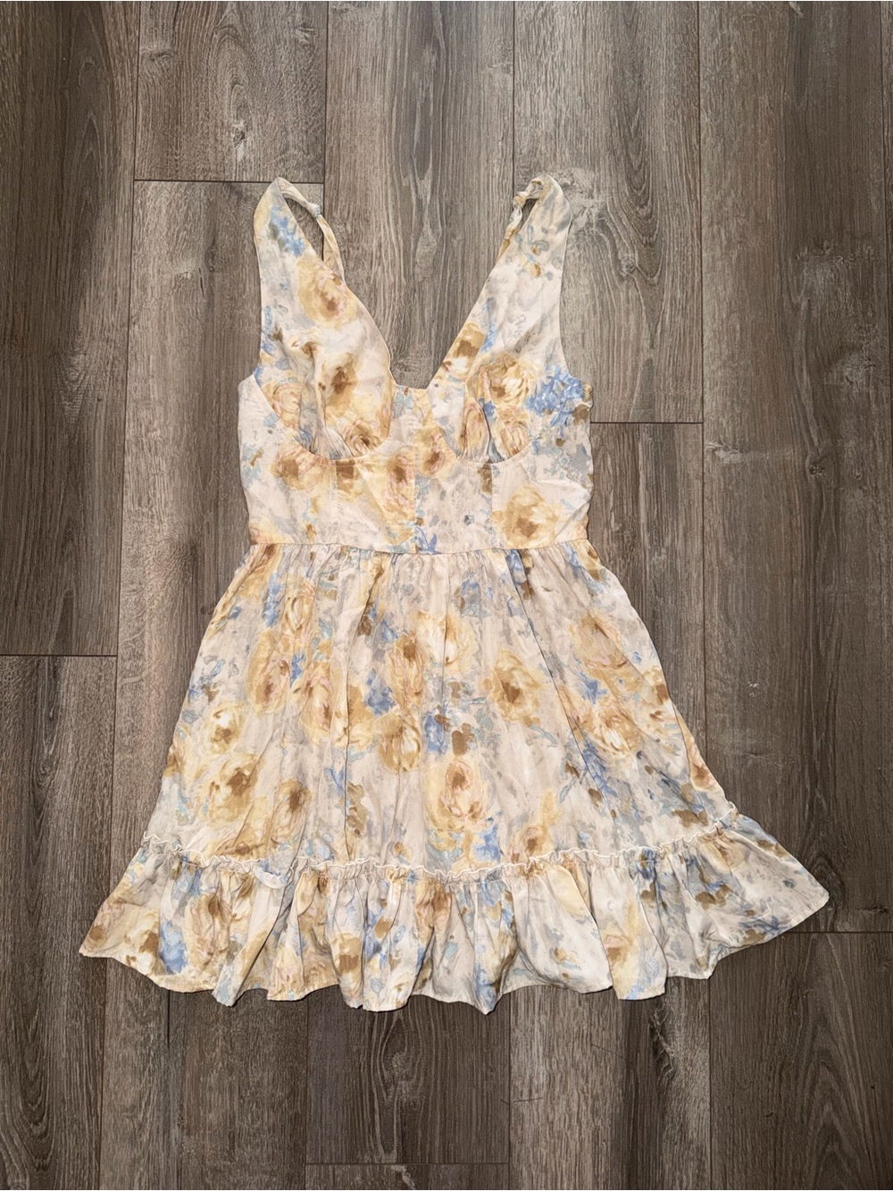 Cider Cream Floral V‑Neck Mini Dress with Blue and Tan Blooms